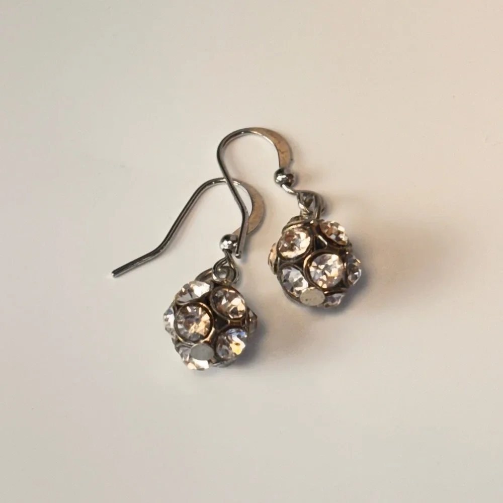 Vintage Crystal Disco Ball Earrings Silver Tone Pave Drop Dangle Y2K Statement